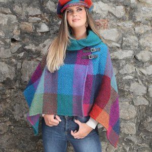 New Wool Poncho Made in Ireland Leather Strap Fold Over Shawl Collar Red Purple